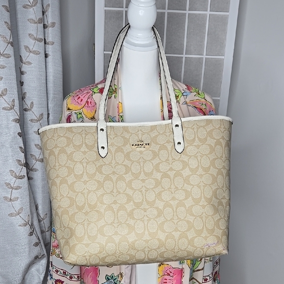 Coach Cream Tote Bag with Monogram Pattern and White Leather Straps - Picture 1 of 13